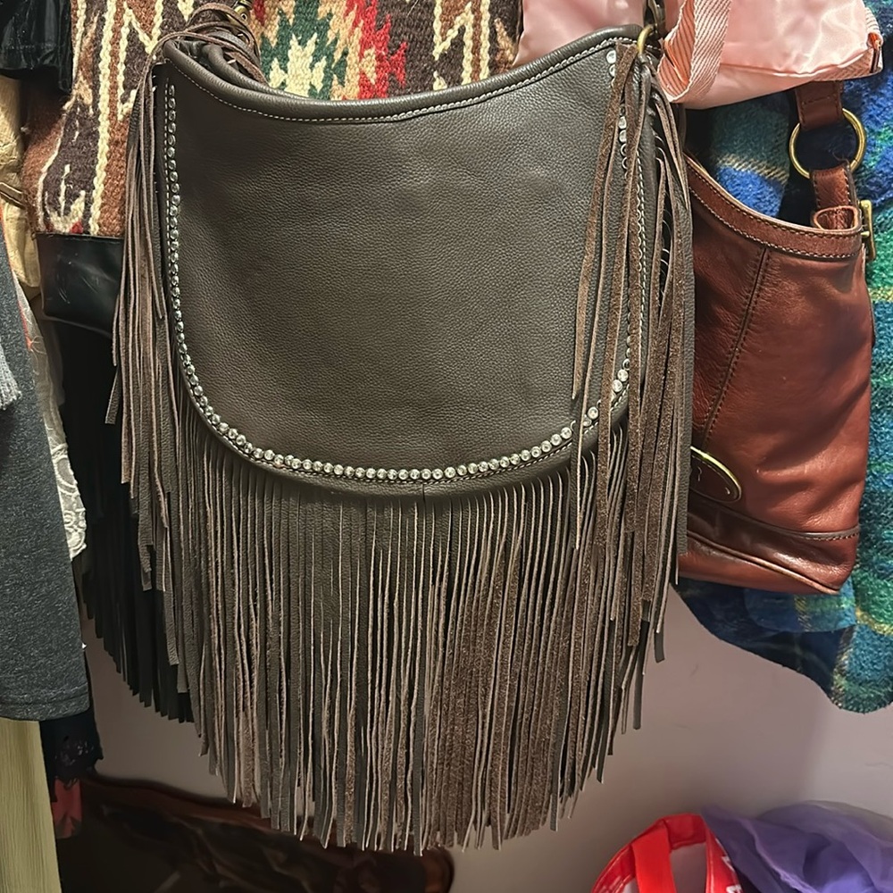 Huge western fringe bag all leather hand tooled and painted one of a kind